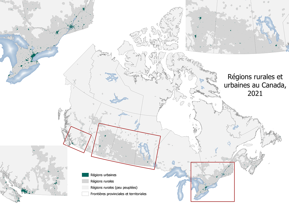 Carte 1 Régions rurales et urbaines au Canada, 2021