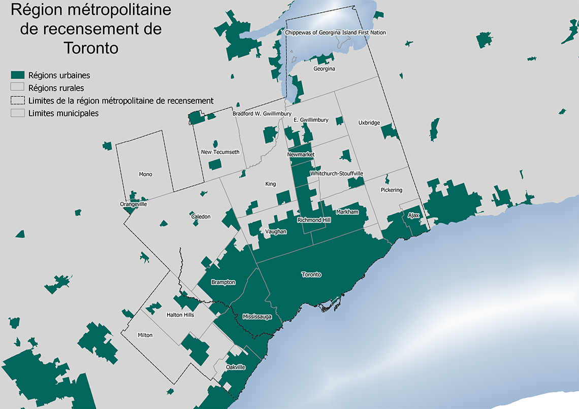 Carte 2  Régions rurales et urbaines au sein de la  région métropolitaine de recensement de Toronto, au Canada, 2021